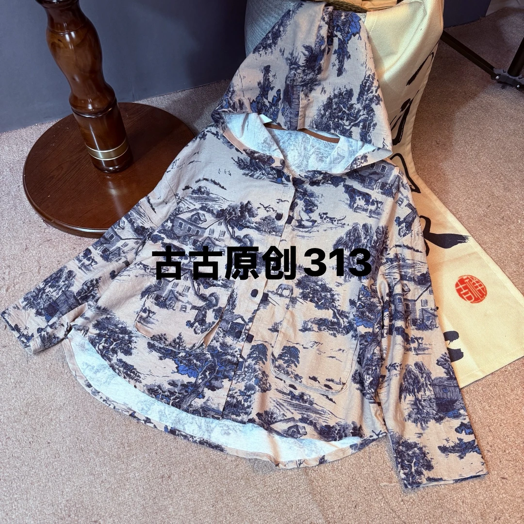 313-2025年春季新款文艺百搭宽松青花瓷外套麻料衬衫女开衫上衣