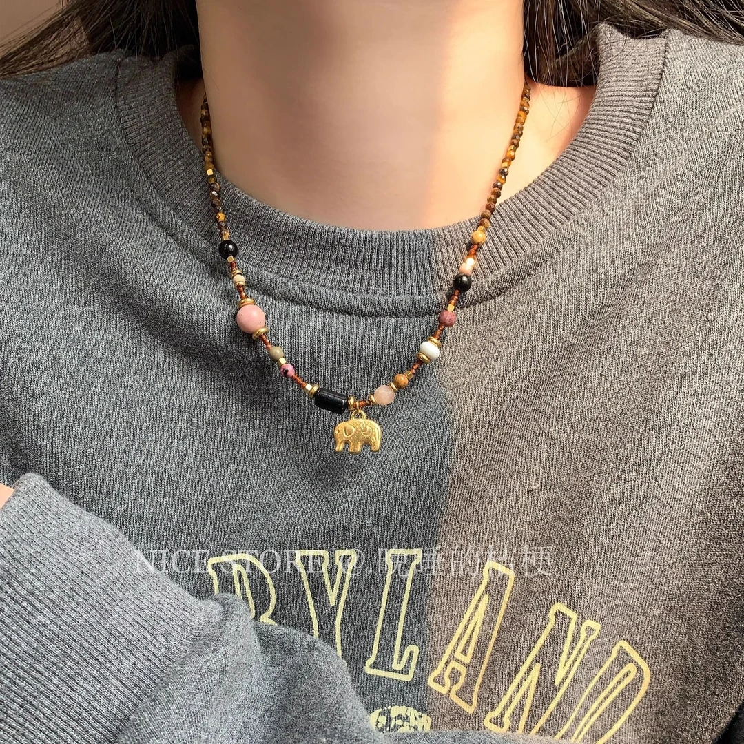 钛钢项链 复古小象串珠吊坠项链女国风轻奢高级感气质锁骨链劲链