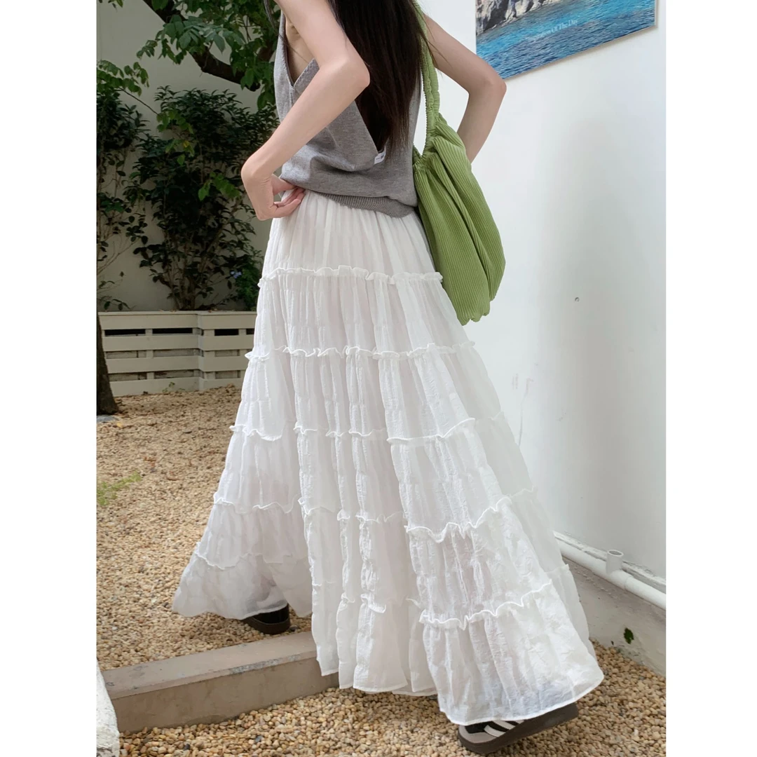 法式慵懒感蛋糕裙白色a字半身裙夏季新款百搭长裙