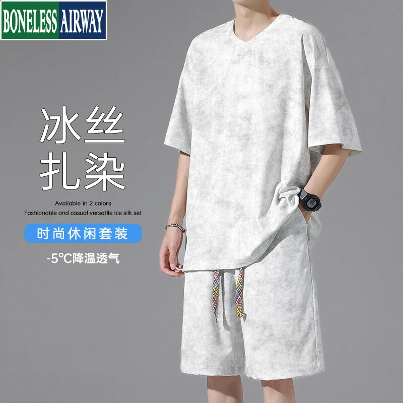BONELESS AIRWAY男士V领短袖T恤短裤夏季扎染宽松休闲冰丝套装男
