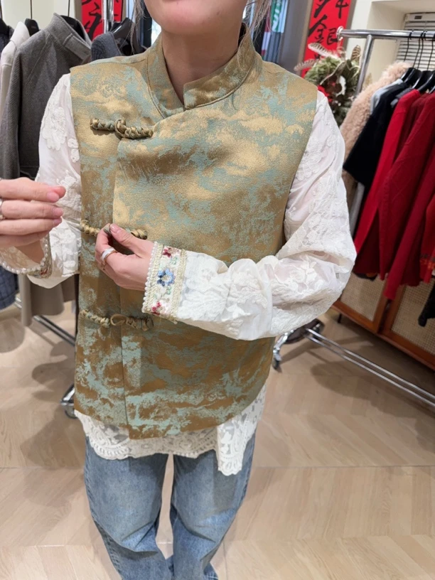 女修身型立领提花马夹印花新中式ins唐装套装复古藏服上衣