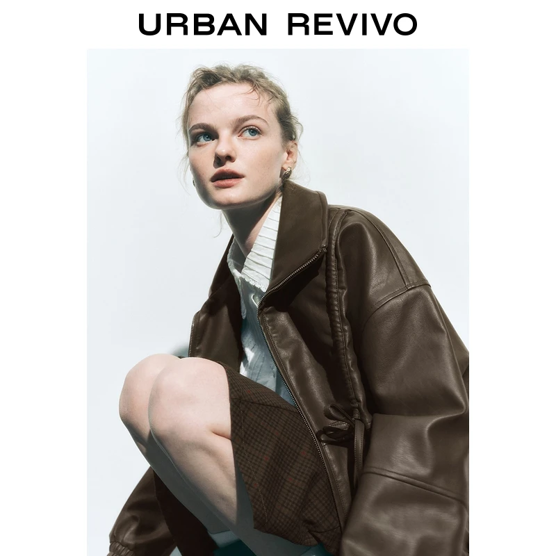 UR2026春季新款女装休闲蝴蝶结褶皱皮衣外套UYL150035+