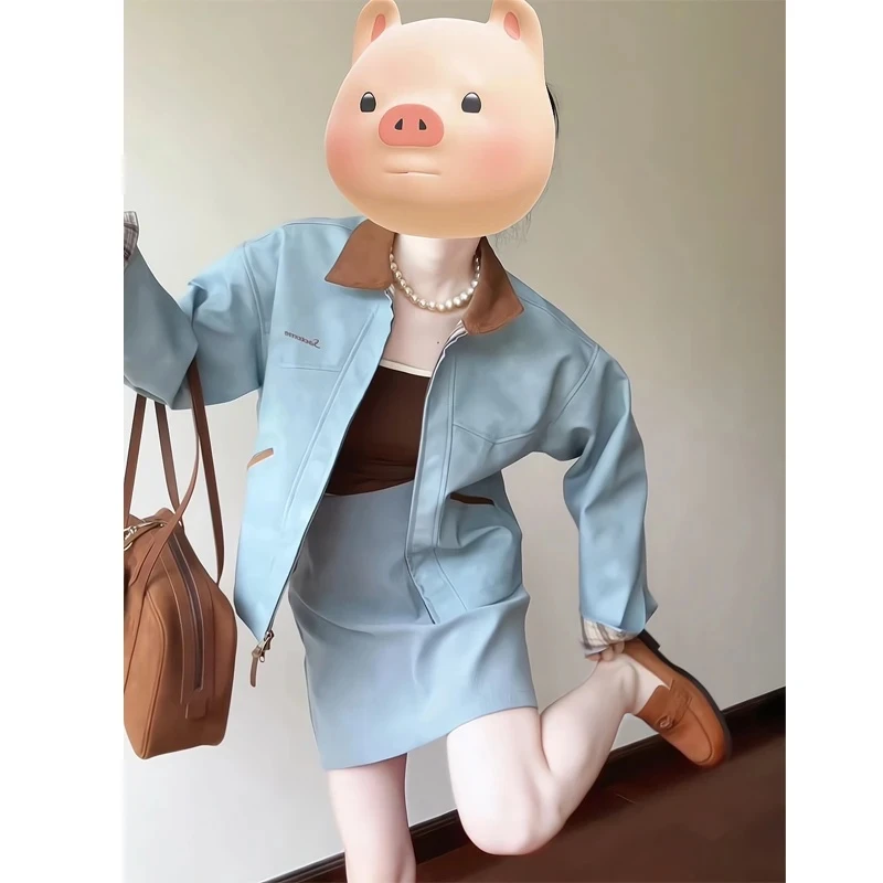 美式复古皮外套短款撞色翻领小个子夹克牛仔立领短外套包臀短裙女