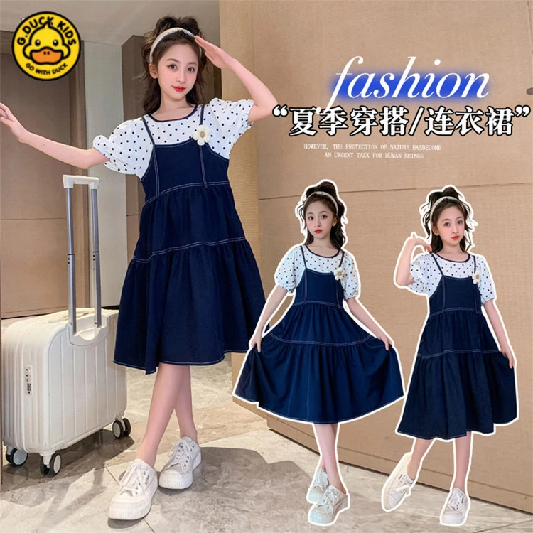 小黄鸭女童连衣裙夏季2025中大童波点雪纺裙洋气儿童夏装公主裙