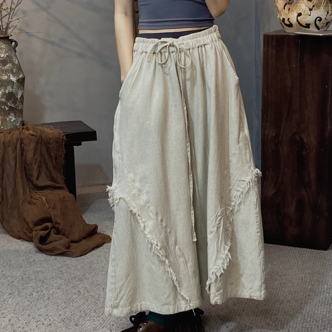 M552日系森女风棉麻刺绣短裤宽松甜美花边系带减龄热裤