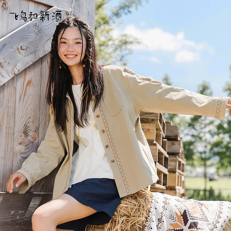 【大默专属】秋季复古绣花宽松衬衫式工装女士长袖外套2041