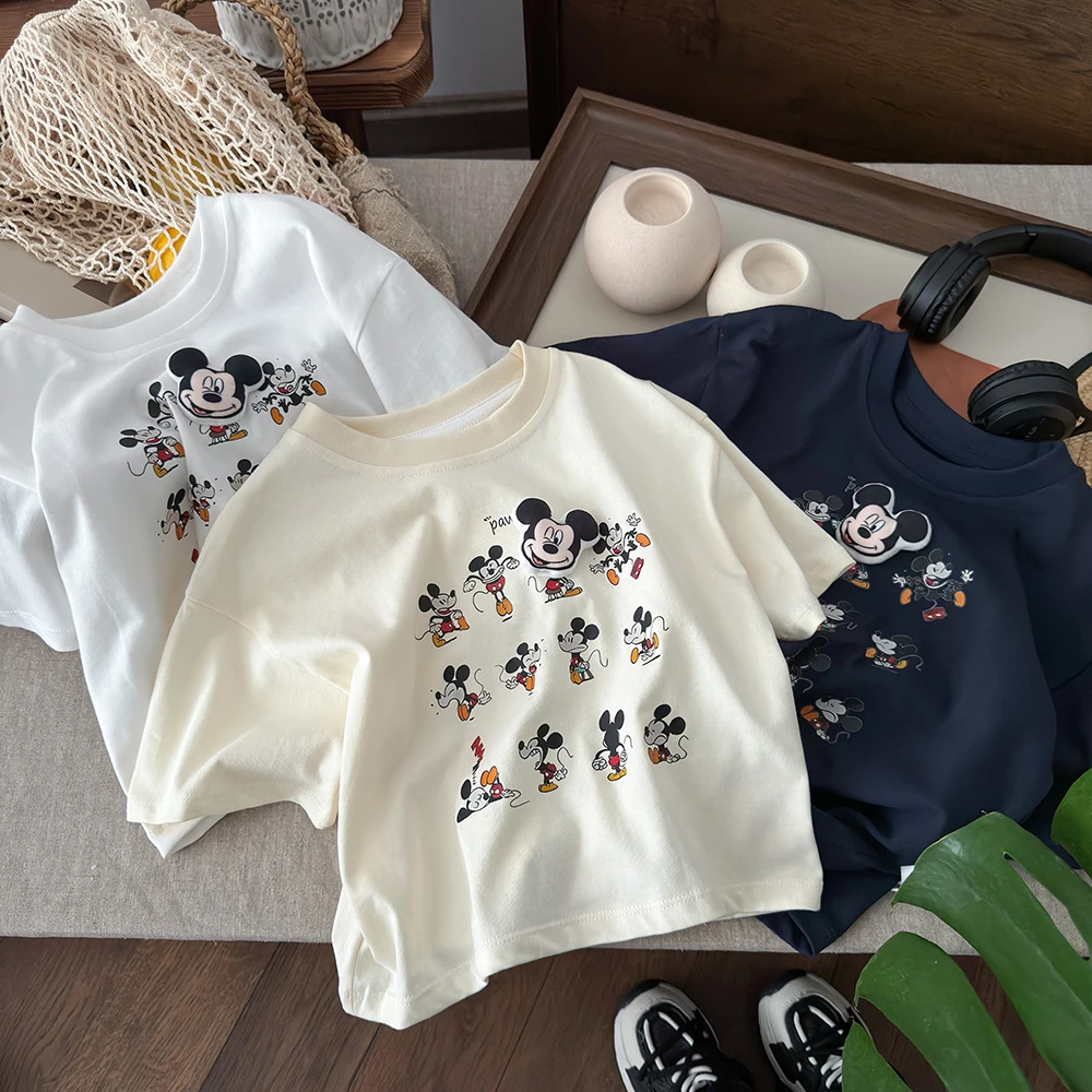 2025儿童新款简韩卡通立体米奇玩偶男女童100%棉短袖亲子潮牌T恤