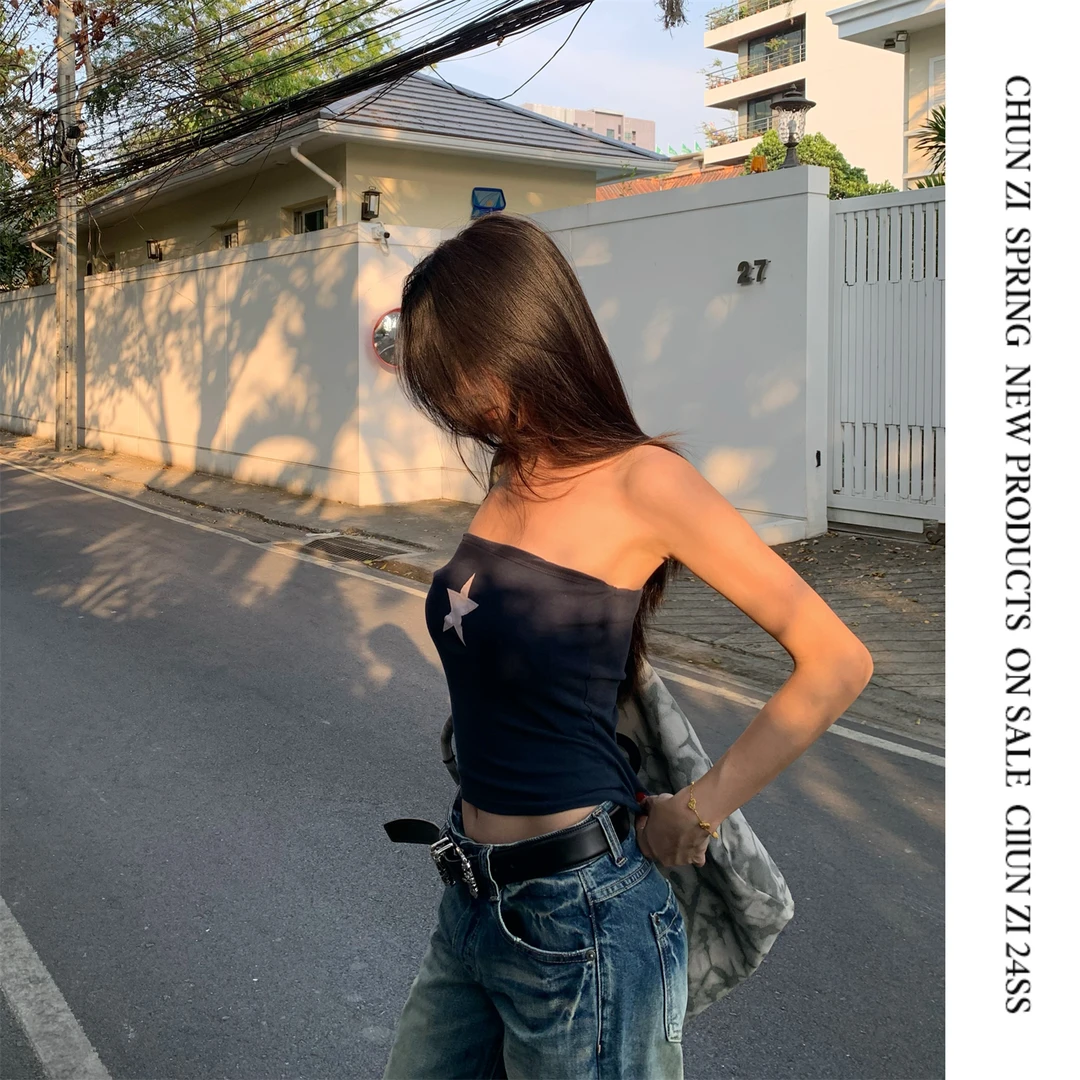 【CHUN ZI】美式复古五角星抹胸背心春夏内搭打底外穿辣妹无袖上衣