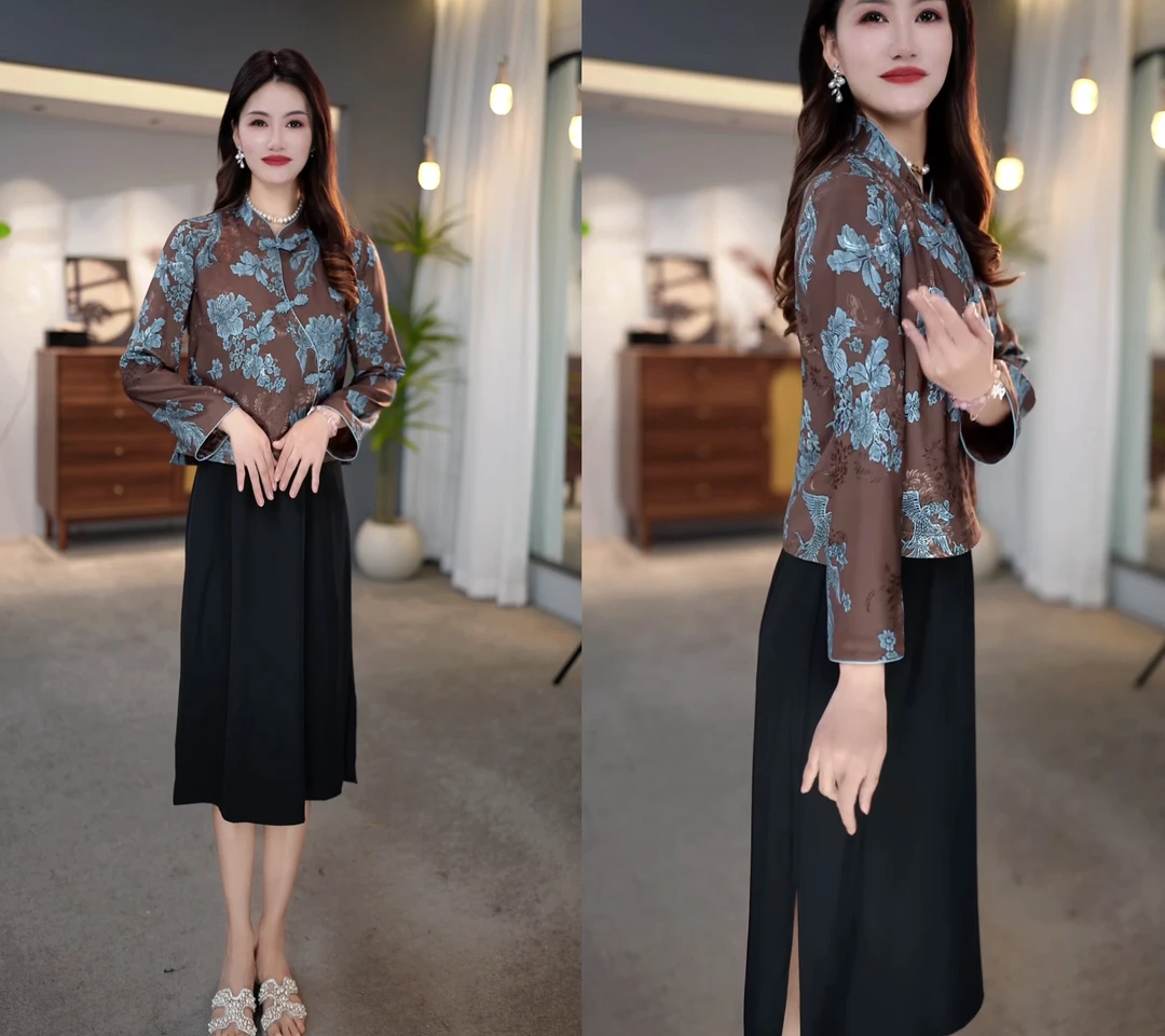 2025秋季新中式国风蓝色复古盘扣长袖短款小衫上衣M-4XL