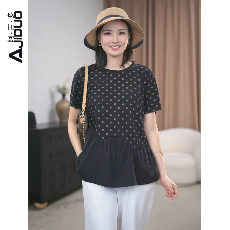 阿吉多A22870黑色短袖波点T恤女夏季新款气质减龄显瘦拼接上衣