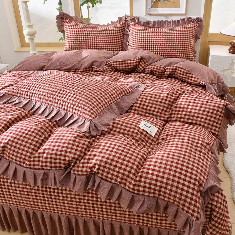 A类水洗棉印花夹棉床盖四件套-新款亲肤舒适宿舍三件套网红纯色