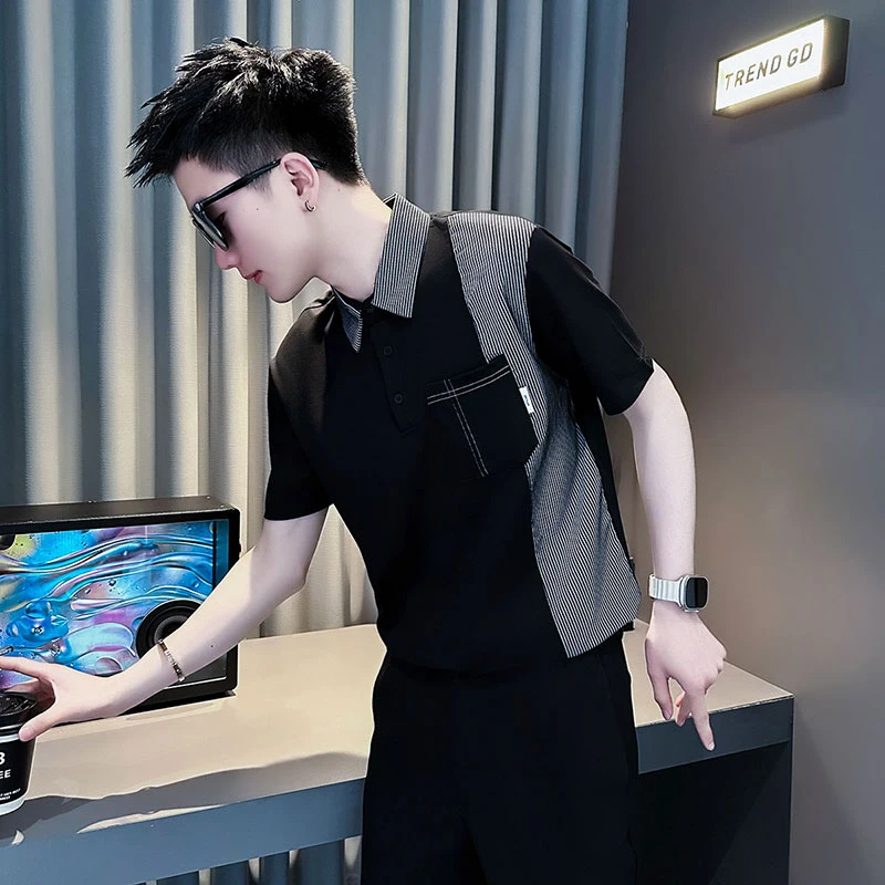 拼接撞色短袖Polo衫男款夏季潮牌男装上衣服2025新款翻领半袖t恤