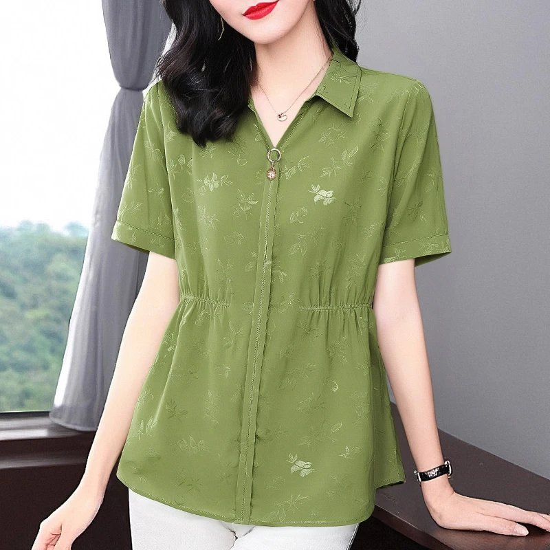 芳妮诗新款翻领雪纺衫女夏2025薄款大码短袖衬衣宽松收腰显瘦上衣
