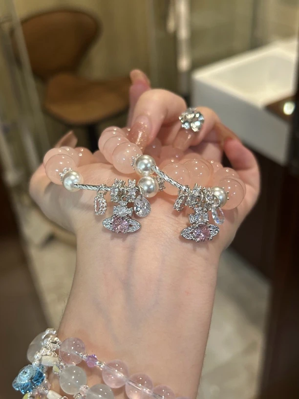 西柚粉土星天然粉水晶手串 桃花人yuan