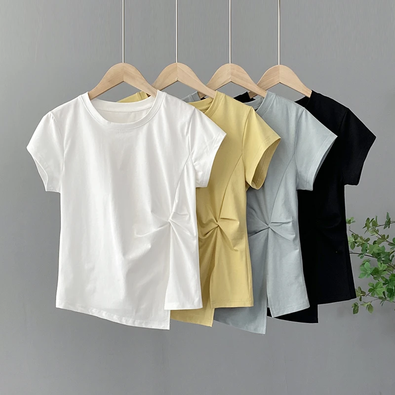 2不规则短袖T恤女夏季新款百搭宽松大码显瘦圆领设计感褶皱t恤女