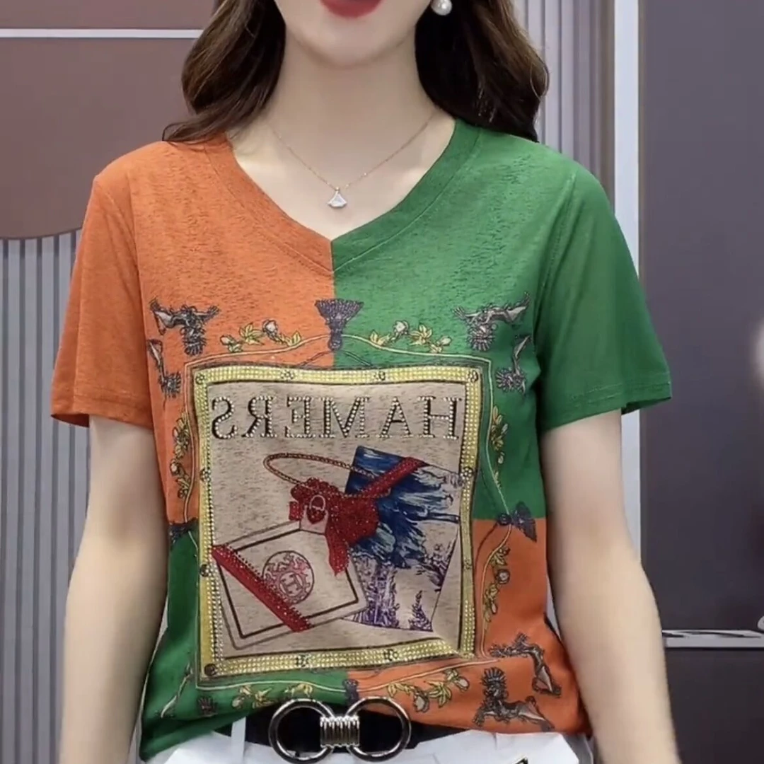 短袖t恤女夏季时尚V领印花烫钻上衣洋气减龄妈妈装遮肚百搭打底衫