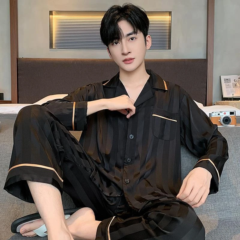 高档维多利亚睡衣男大码宽松长袖新款冰丝薄款春男生男款长裤2025