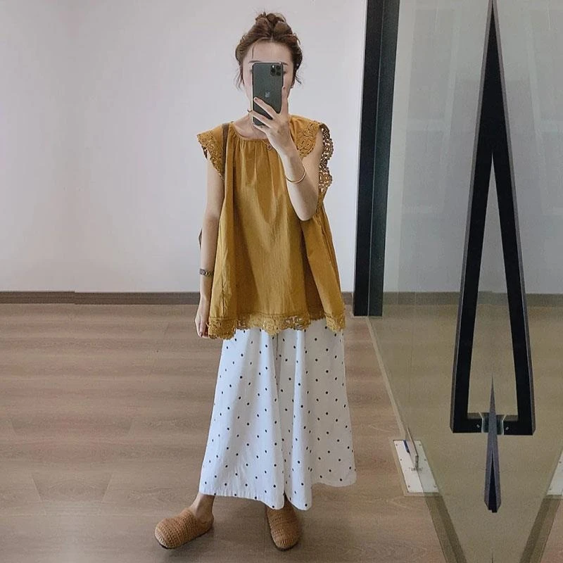 韩系法式拼接花边无袖圆领飞飞袖上衣高级感时尚百搭拼接蕾丝衬衫