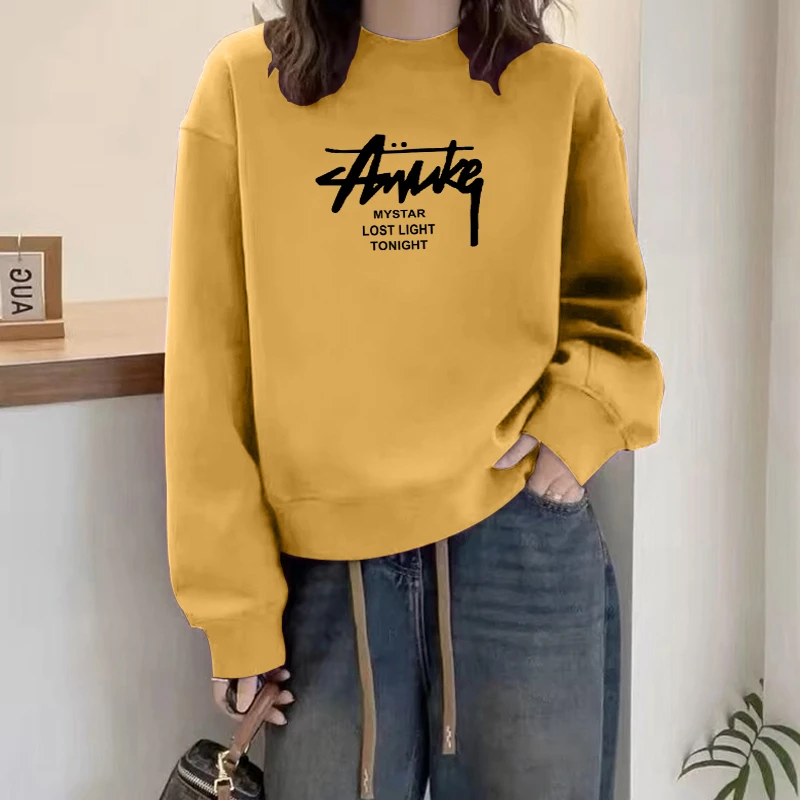 圆领套头打底衫加绒加厚卫衣女2025春秋季新款宽松韩版潮情侣外套