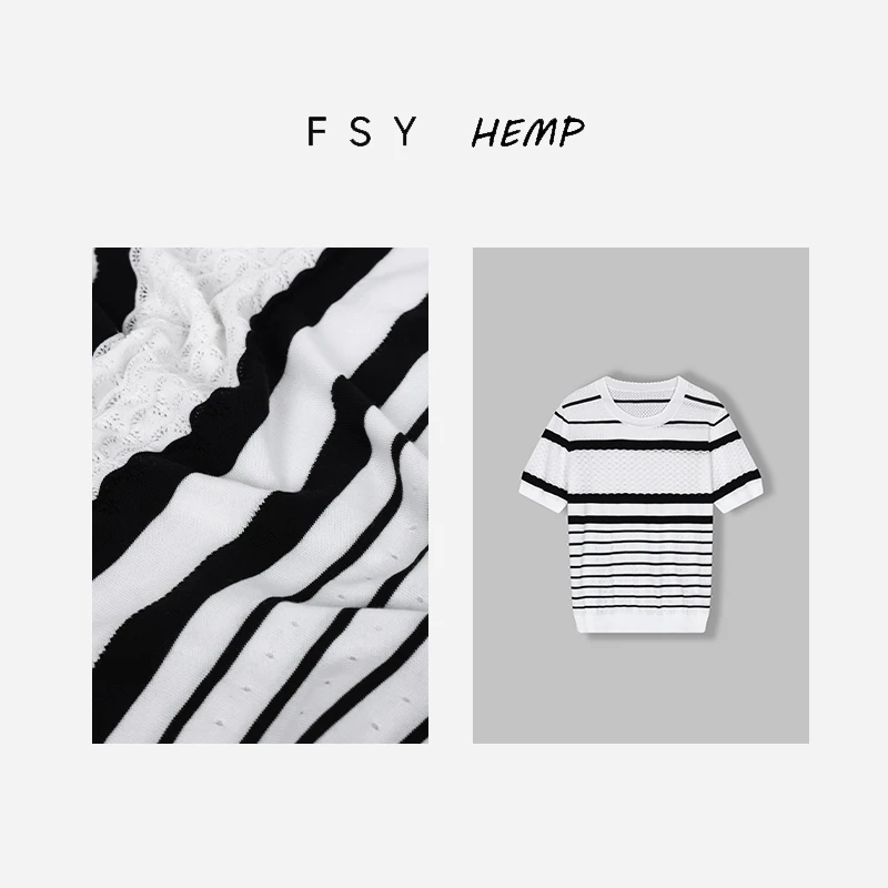 桑蚕丝条纹针织T恤镂空针织短袖黑白条纹打底衫FSY50380