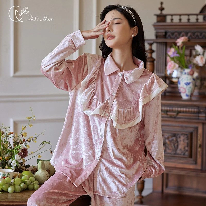 金丝绒睡衣女秋季宫廷风高级感长袖家居服套装法式保暖女士家居