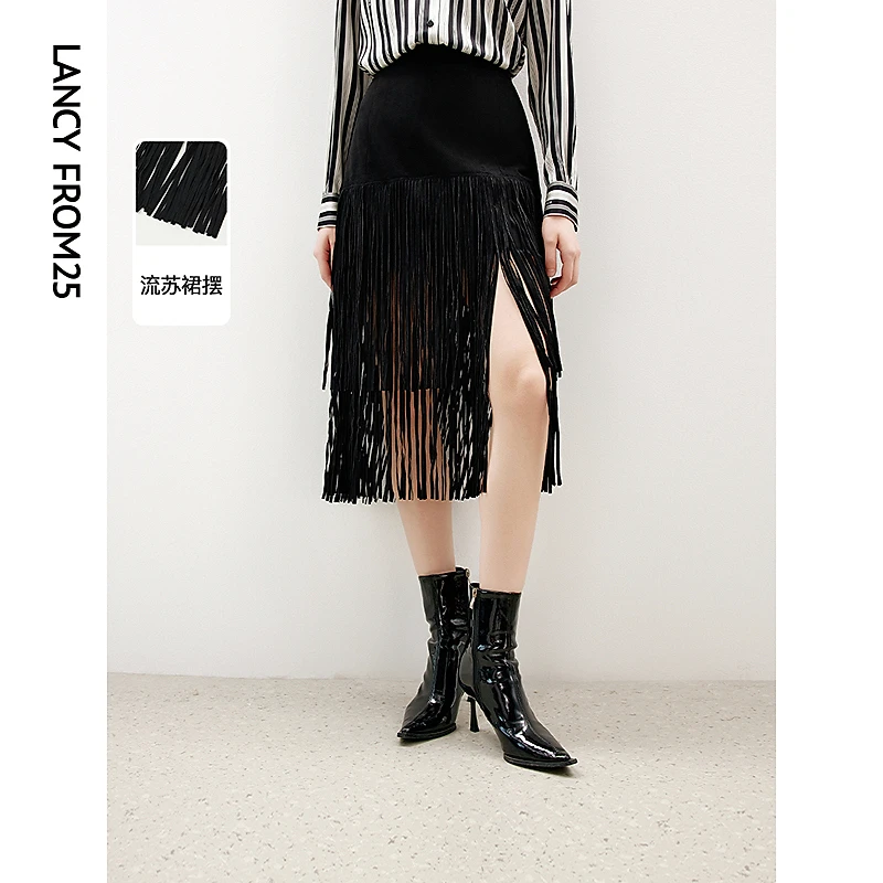 达人朗姿设计感复古法式流苏小众高腰直筒半裙女2024年秋季