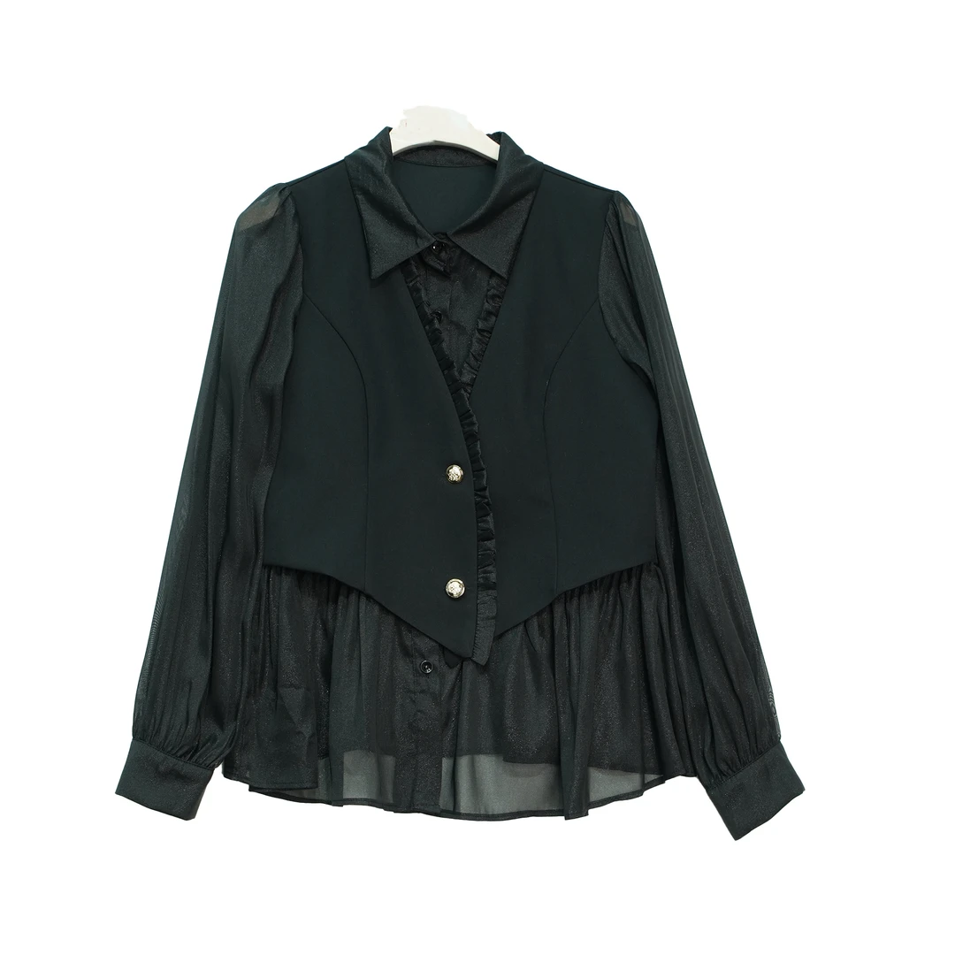 气质减龄黑色假两件撞色设计上衣X23021