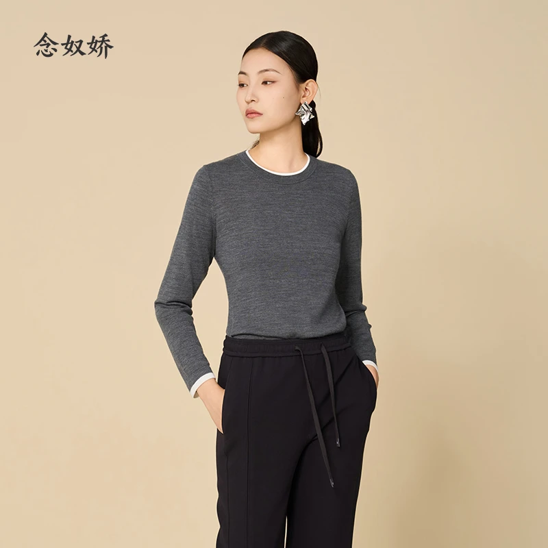 念奴娇圆领针织衫2025早秋新款女装长袖针织衫上衣云雾灰女士毛衣