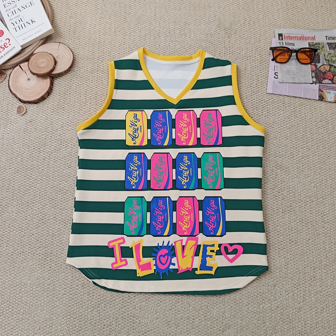 2025夏季新款宽松百搭时尚条纹卡通字母印花背心2029