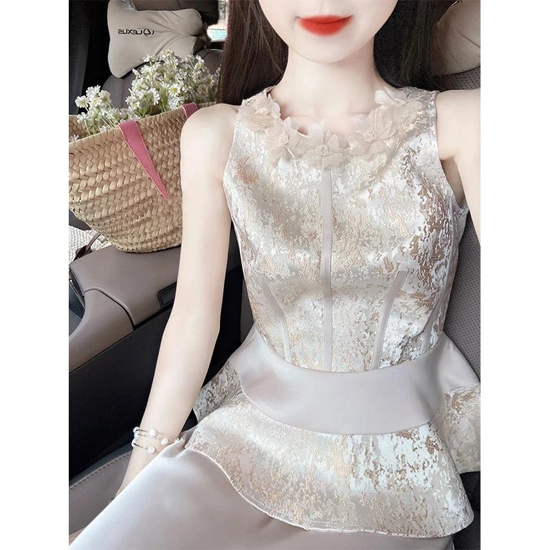 新中式国风套装贵气千金感提花无袖背心上衣缎面半身裙2025两件套