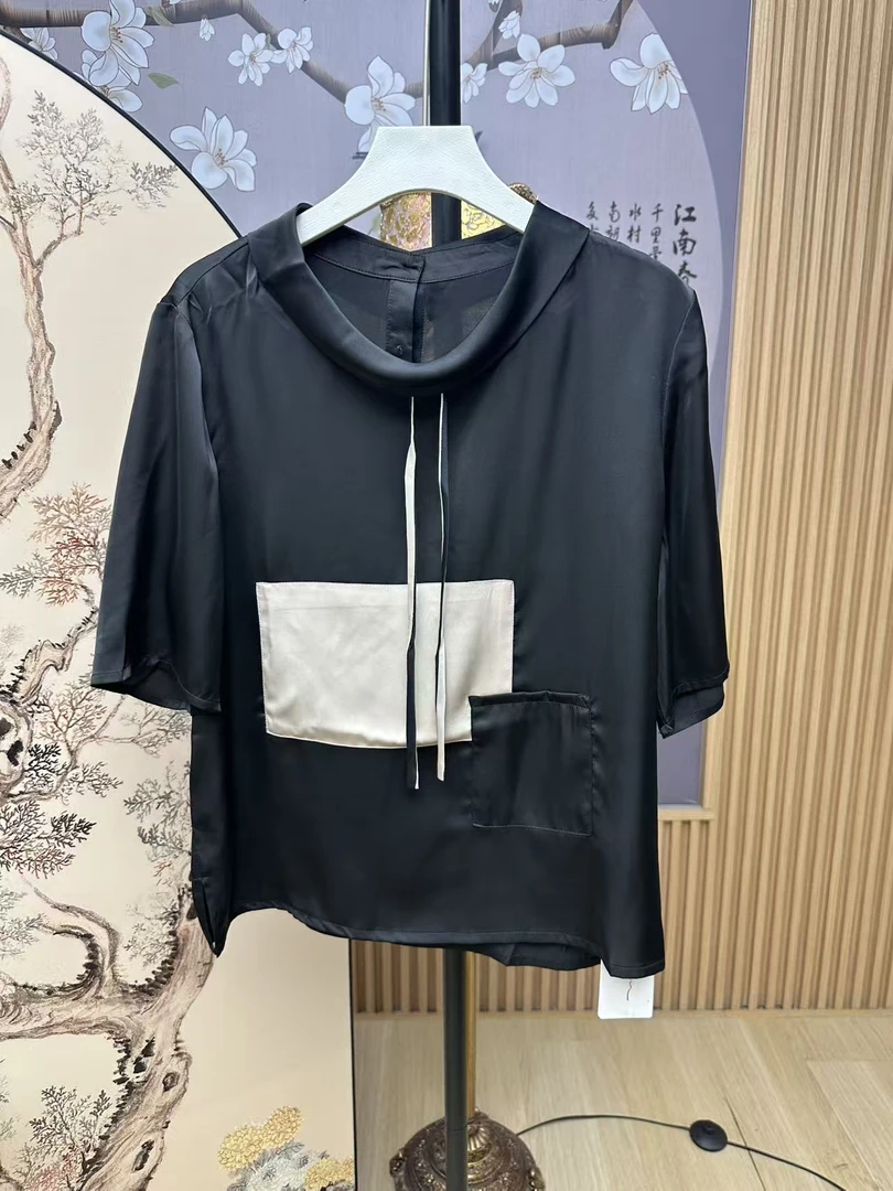 新款上新撞色百搭显瘦夏T恤女时尚休闲简约减龄真丝上衣6610