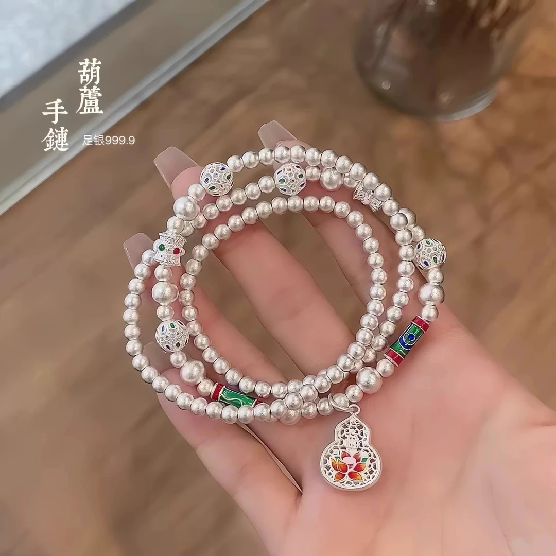 9999足银手链古法珐琅彩三圈串珠葫芦手环气质百搭G0055