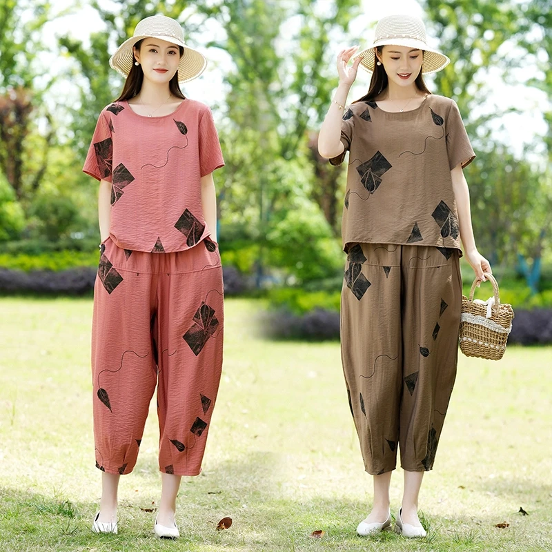 2025夏季新款时尚气质套装宽松休闲中年印花显瘦洋气中老年妈妈装