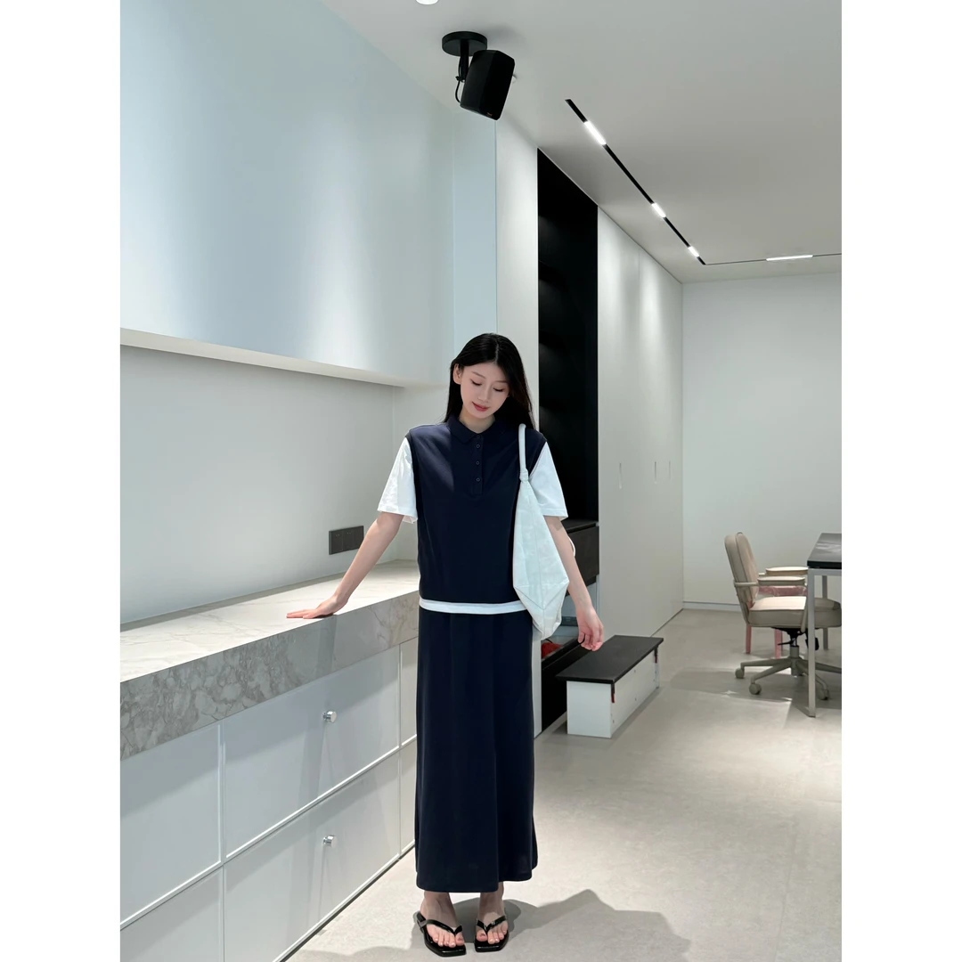 韩系松弛感显瘦休闲藏青色短袖上衣长裙套装2025夏新款