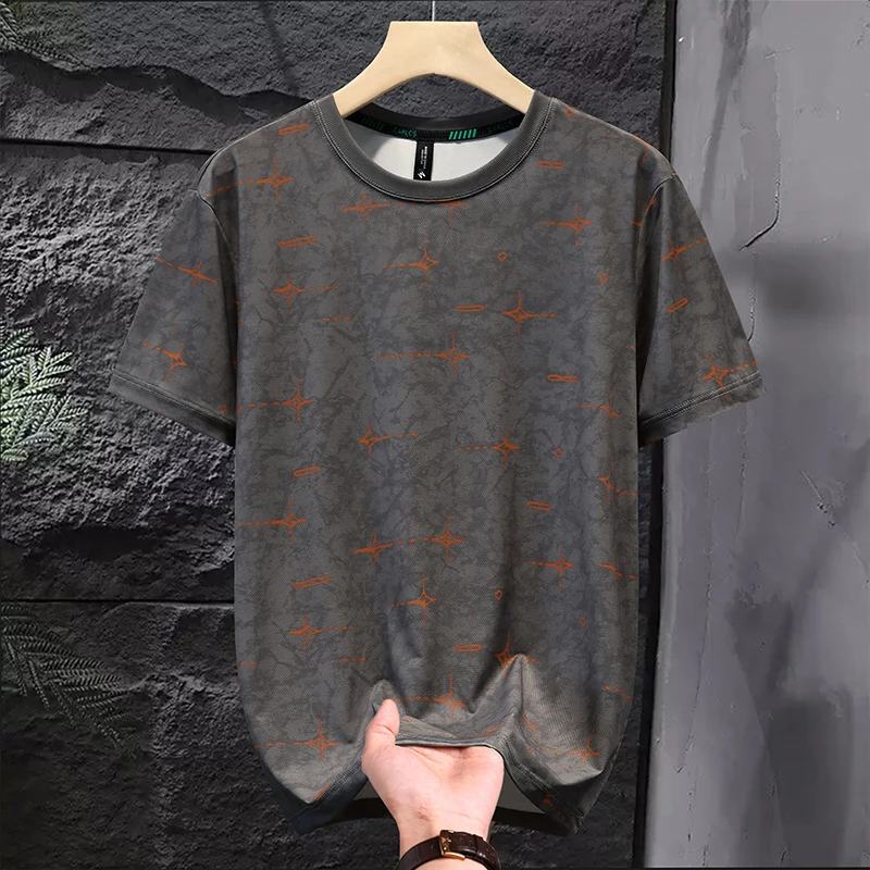 夏季新款男士冰丝短袖t恤时尚潮牌凉爽镂空体恤百搭印花速干上衣