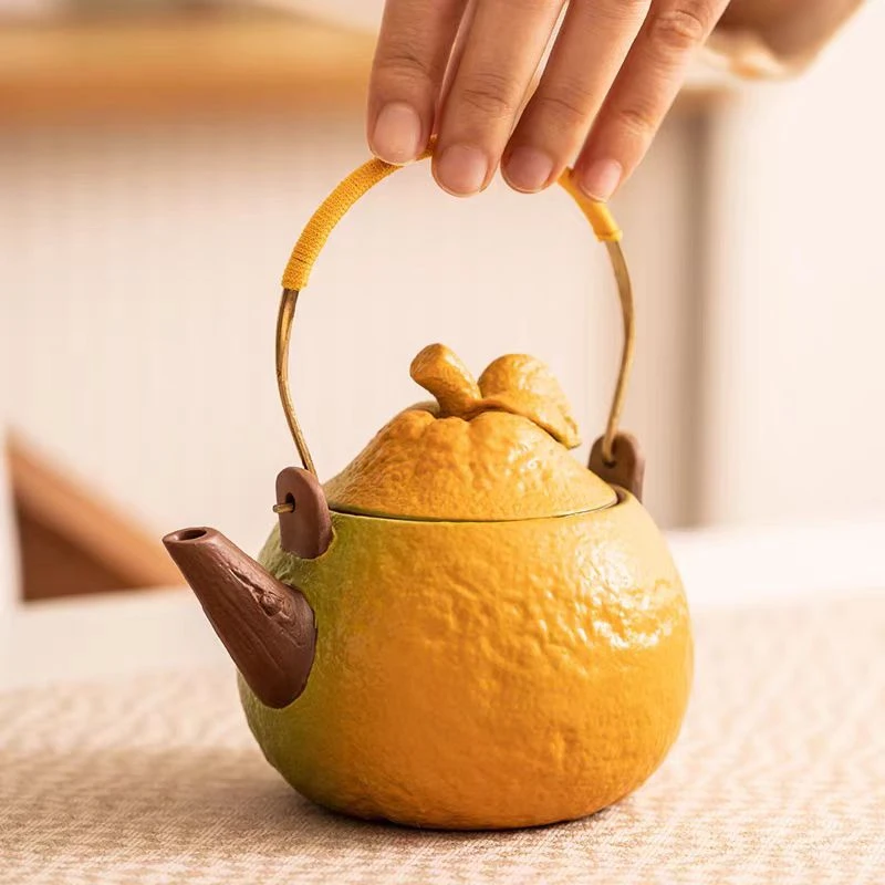 大吉大利橘子提梁壶家用泡茶壶单茶壶过滤轻奢小茶壶陶瓷茶具