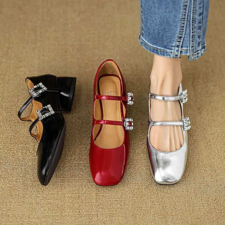 时尚水钻玛丽珍春秋小众粗跟漆皮浅口小皮鞋法式气质酒红色婚鞋女