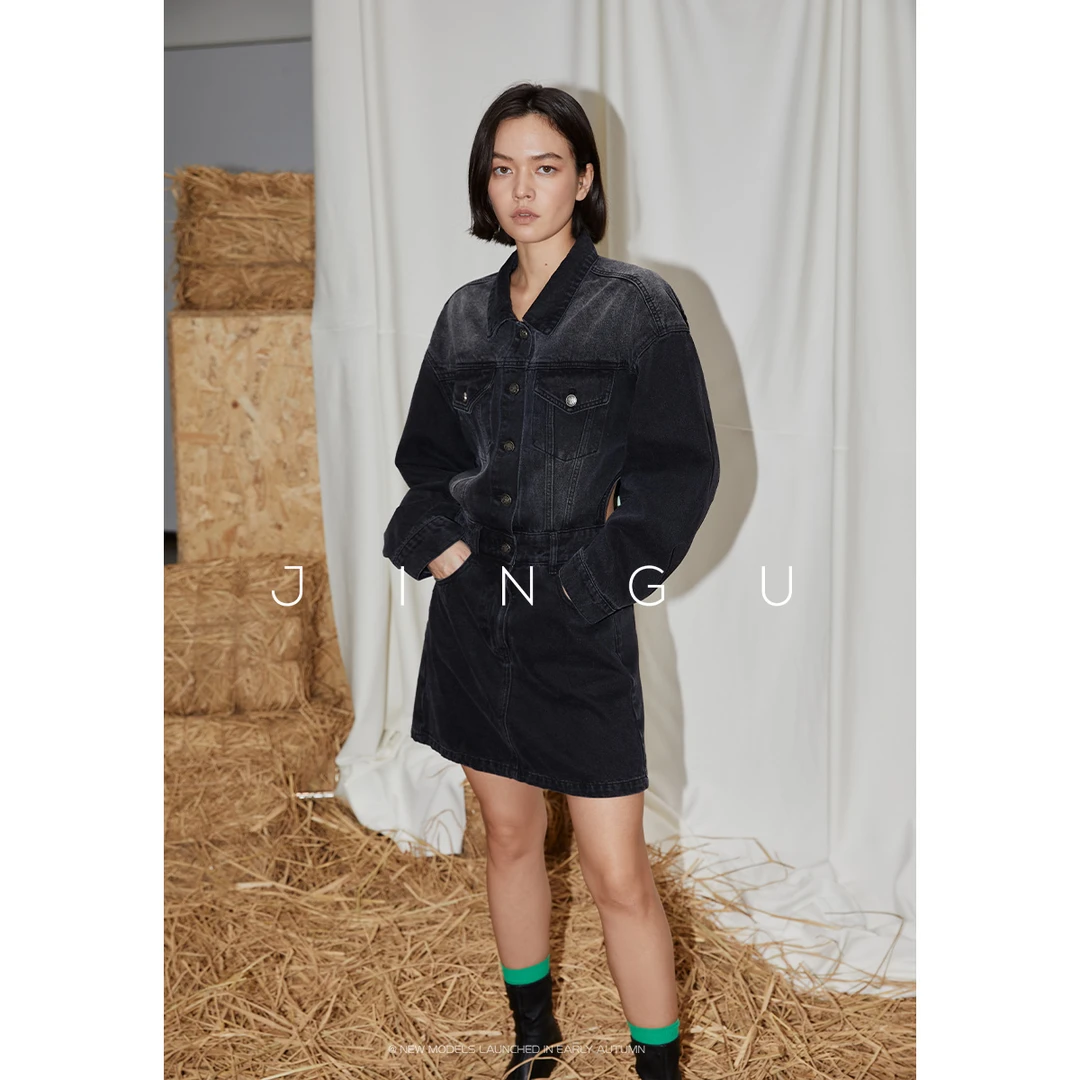 黑标后背空开松紧牛仔裙早秋设计感小众连衣裙JG11230212