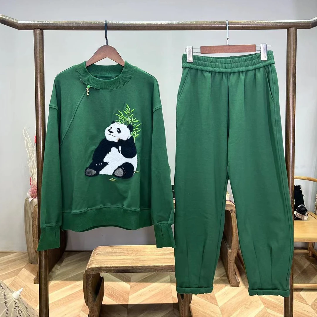 玉竹熊猫！毛毡绣花工艺国风卫衣套装！GZ3135