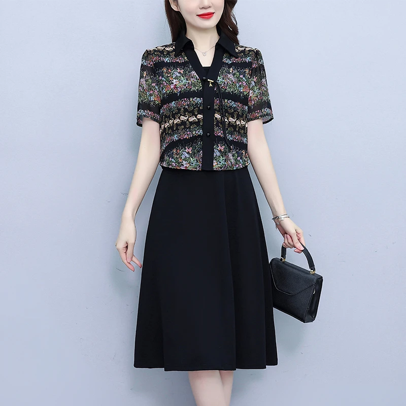 韩版时尚新款减龄胖大码中妈妈显瘦中长款气质连衣裙假