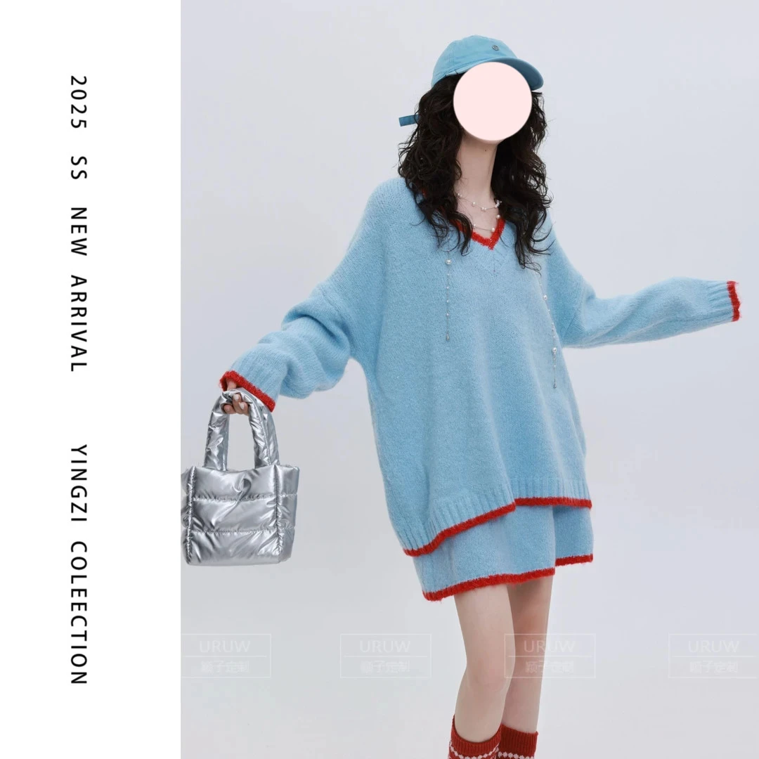 颖子定制【不期而遇】秋冬氛围感拼色V领针织上衣时尚高腰短裙套装