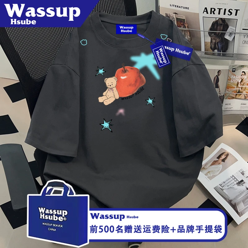 WASSUP HSUBE苹果小熊印花上衣ins纯棉深灰色短袖男女夏季高街T恤
