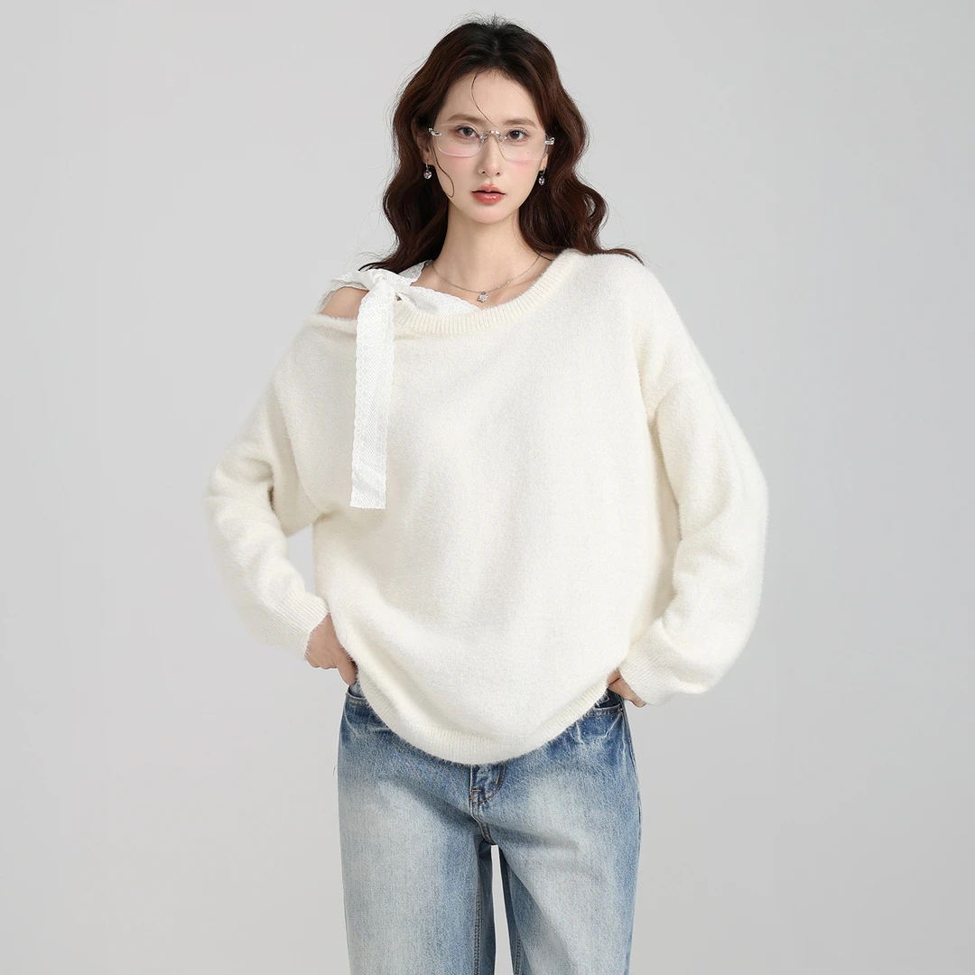 蝴蝶结斜肩套头加厚毛衣长袖女秋冬慵懒软糯宽松针织内上衣