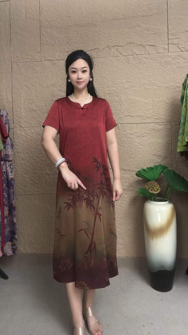 （红竹）气质洋气时尚显瘦短袖优雅宽松中长款连衣裙