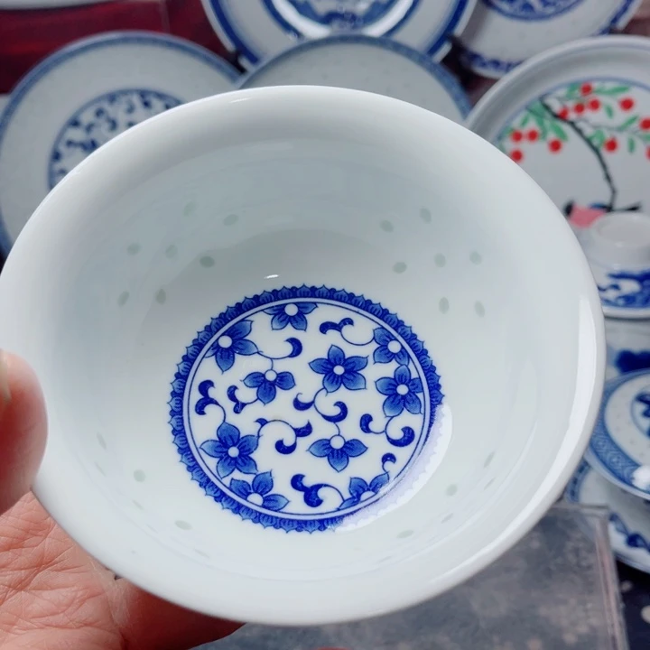 青花玲珑5寸饭碗紫荆花无花