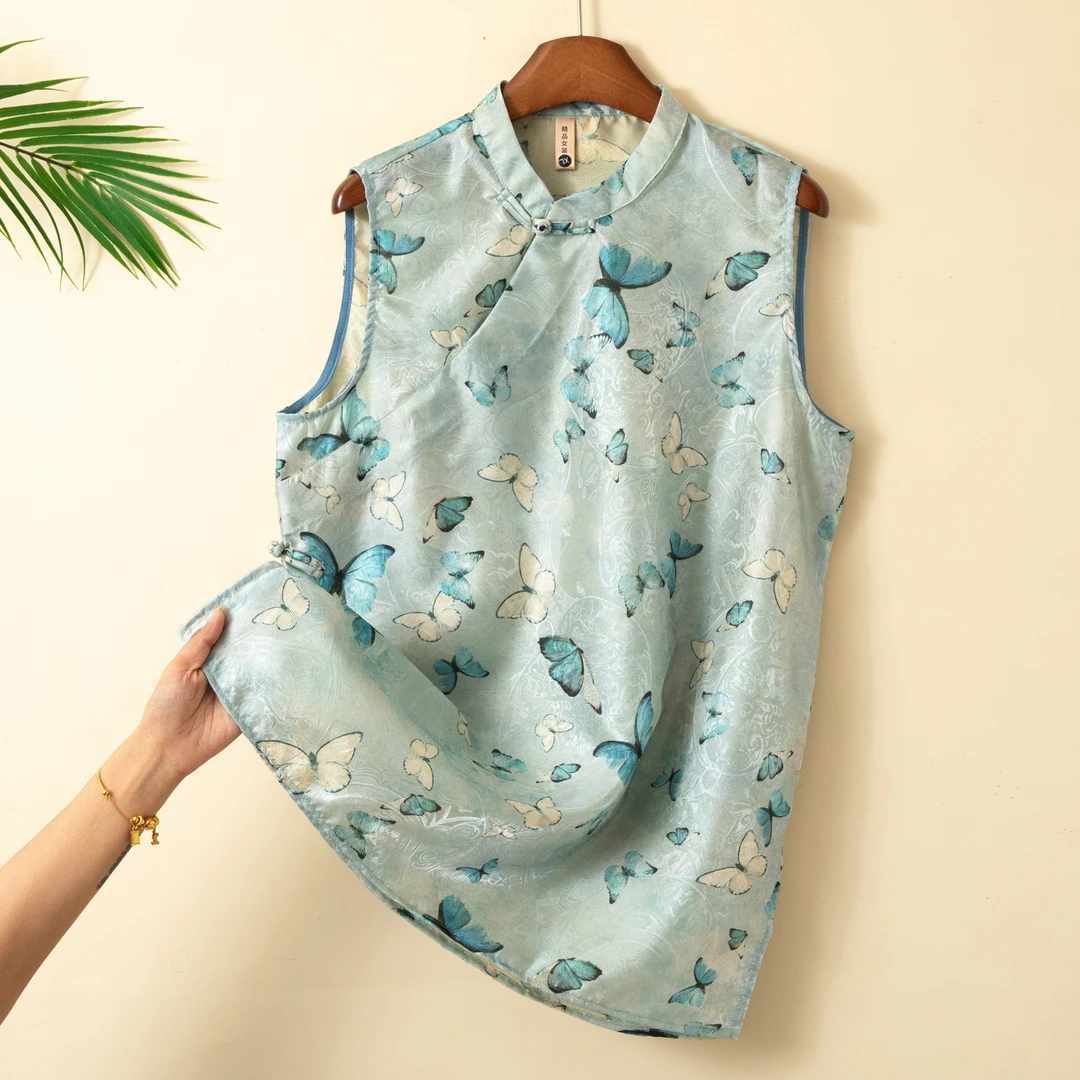 【蓝蝶花】新中式夏季休闲薄款民族风复古国风宽松提花短袖上衣