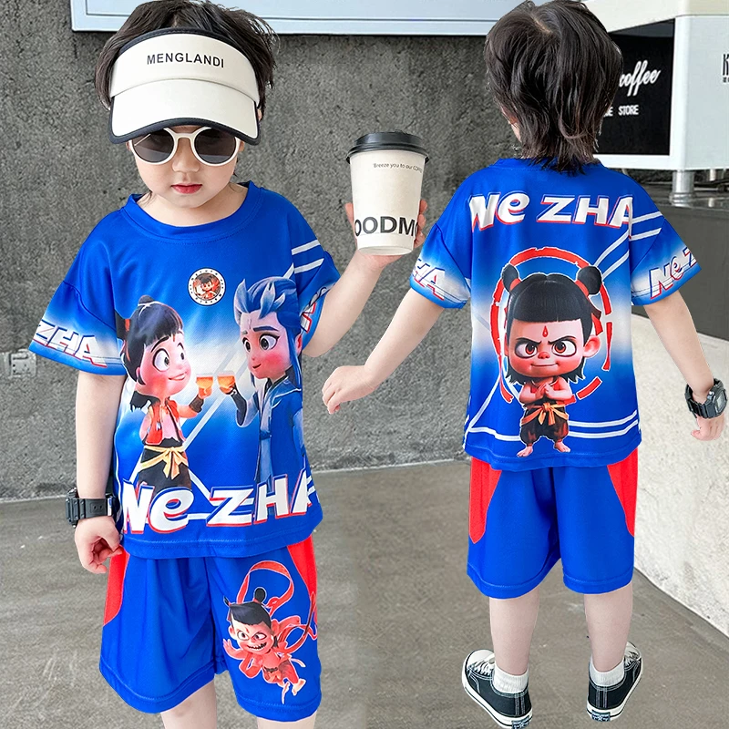 卡通哪吒男童夏季速干冰丝2025新款儿童男孩短袖衣服夏天两件套装