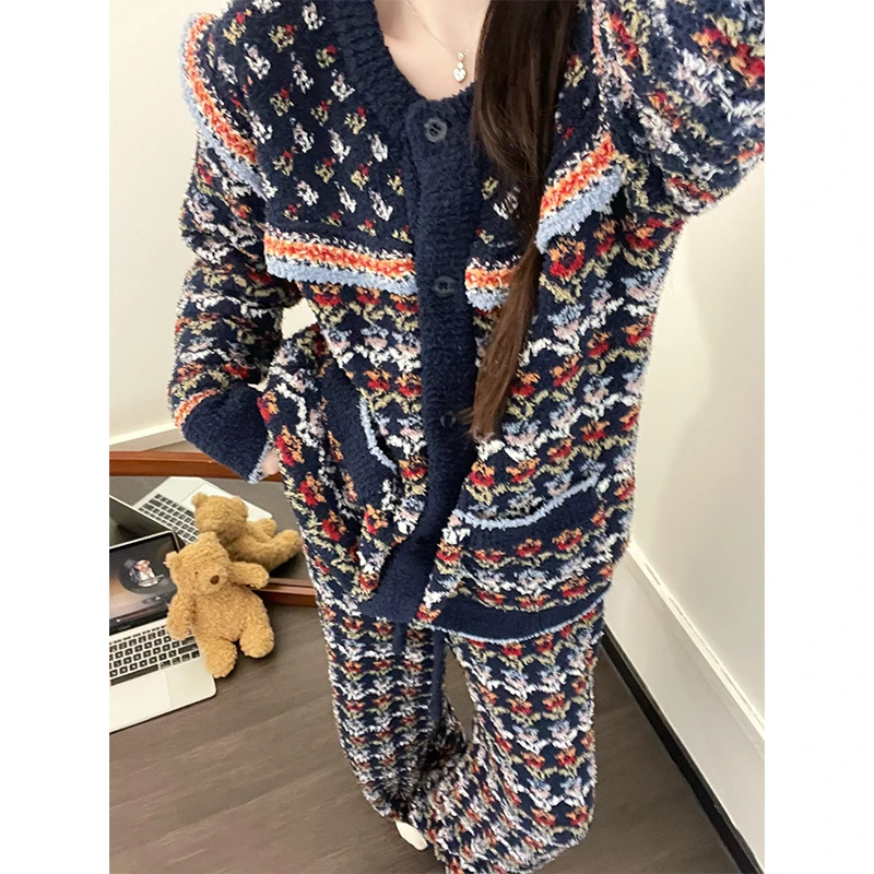 海军娃娃领复古针织半边绒睡衣女秋冬新款毛衣加厚保暖家居服套装