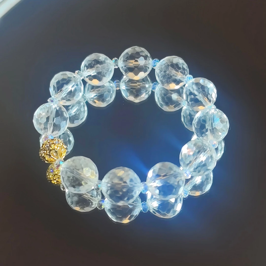 AK055 金色华尔兹—东海双A白水晶净体128面钻切铜镀黄手串轻奢