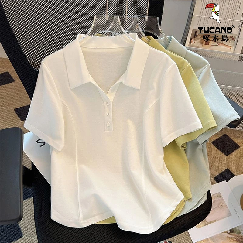 啄木鸟夏季新款纯色翻领POLO衫显瘦百搭短袖女t恤小众设计感上衣